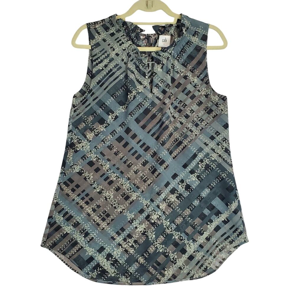 Cabi Graph Trellis Floral Tank Blouse Size Small Ruffle Pleated Whimsy Flowy Fit